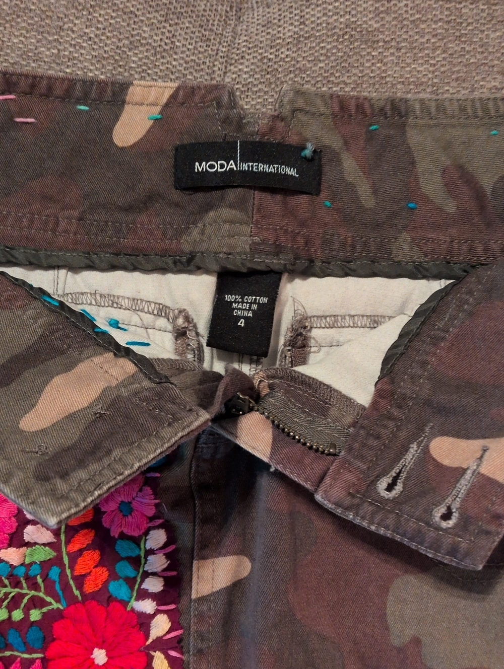 Moda International Brown Camo Mini Skirt with Multicolor Embroidery
